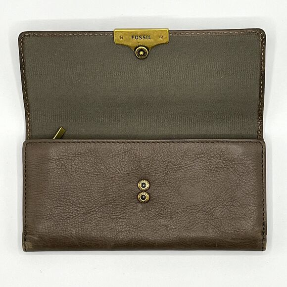 Fossil Wallet Brown/Gray Knox Flap Clutch Pebbled Leather Brass Hardware - Picture 3 of 11